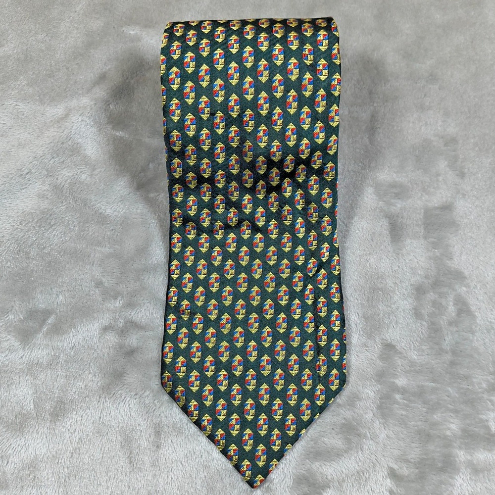 Vintage Valentino Tie Mens 58x4 Green Gold Geometric Creations Silk Made Italy